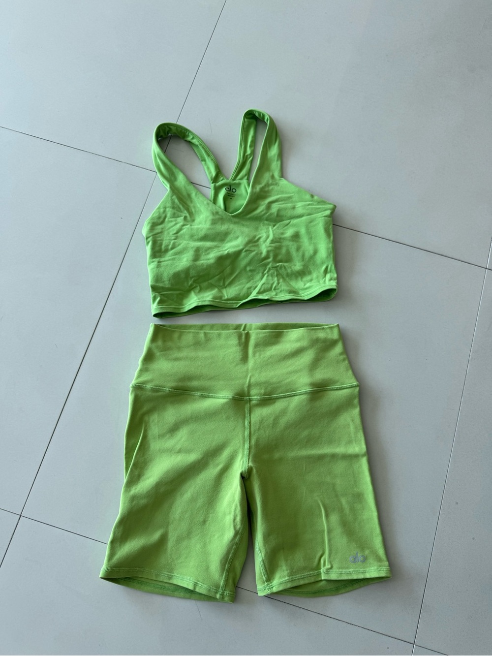ALO Yoga Kids Neon Lime Bike Shorts Set - Bralette & High-Waist Shorts